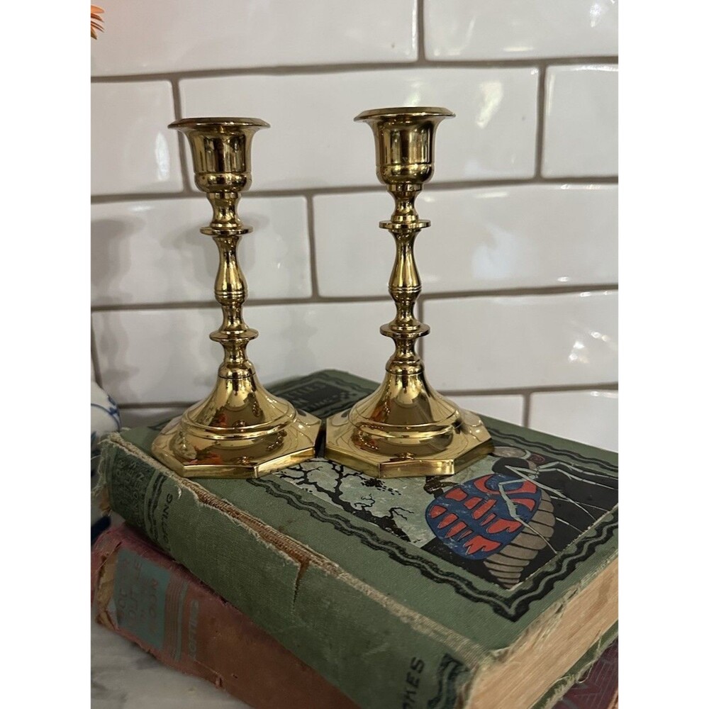 Vintage Brass Candlesticks Set Candle Holders Pair India Cottagecore Colonial 5”
